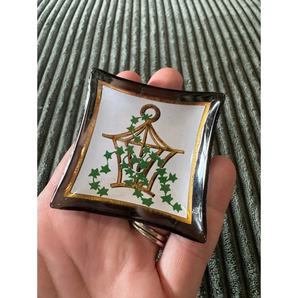 Hand Painted Glass Ashtray Trinket Dish Decorative Lantern Ivy Gold Trim‎ Square